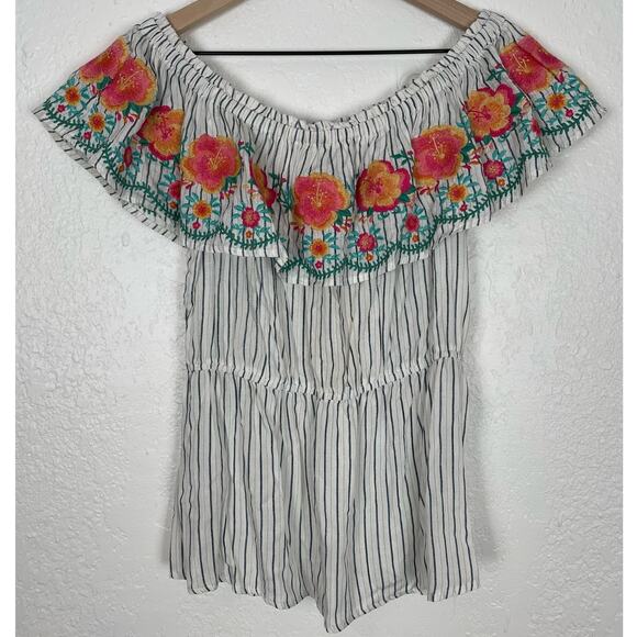 Savanna Jane Floral Embroidered Stripe Off-Shoulder Blouse NWT Size Medium - Picture 1 of 3